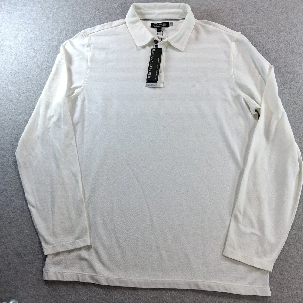 Banana Republic Polo Shirt Mens L White Performance Pique Long Sleeve Chevron